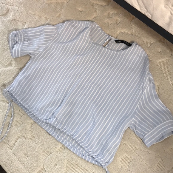 Zara light blue stripe crop tie waist shirt XS - Picture 3 of 6